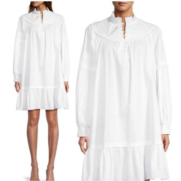 $398 HARSHMAN NEW LARGE WHITE LONG SLEEVE COTTON FIONA ROMANTIC FLOWY DRESS NWT - Picture 1 of 2